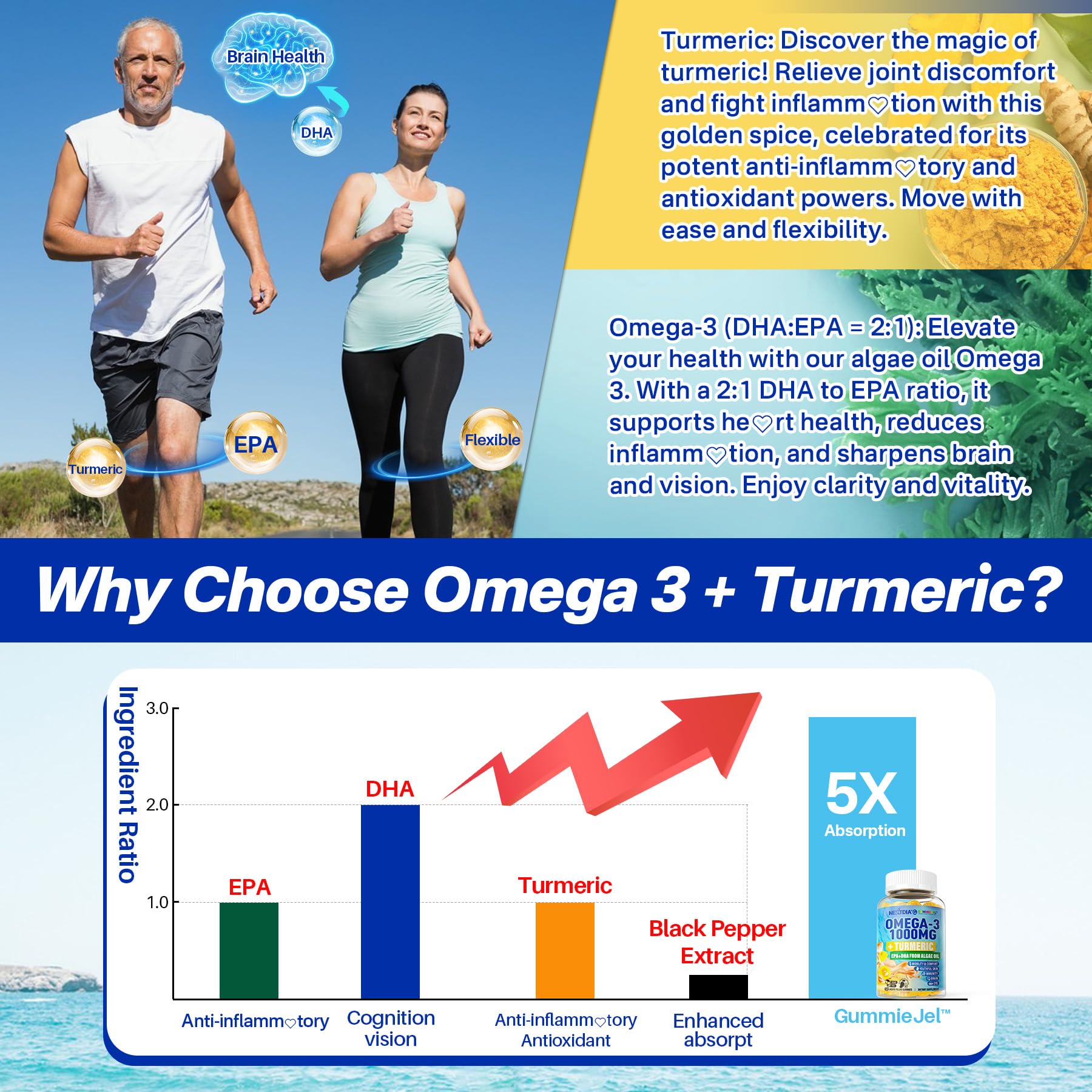Vegan Omega-3 Gummies 1000mg + Turmeric - Omega 3 Fish Oil Alternative for Adults - Algae Omega DHA 600mg & EPA 300mg, Vitamins A, C, E, Zinc & MSM, Sugar Free, 60 Cts