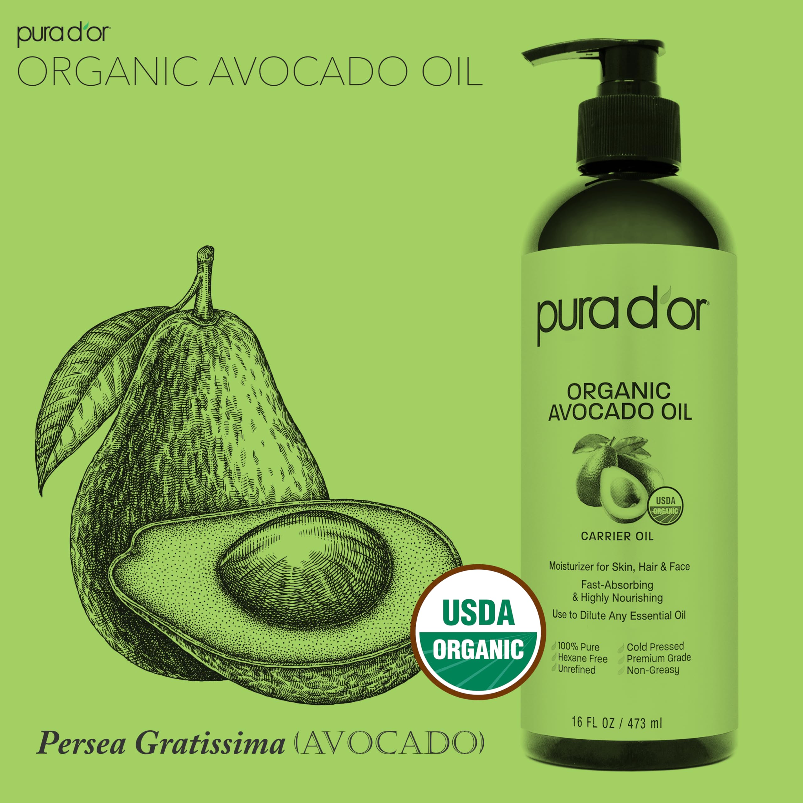 PURA D'OR 16 Oz ORGANIC Avocado Oil - 100% Pure & Natural USDA Certified Cold Pressed Carrier Oil For DIY Beauty, Non-Greasy, Unscented, Hexane Free Liquid Moisturizer - Face Skin & Hair - Men & Women