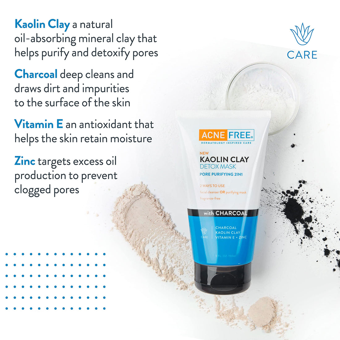 Acne Free Kaolin Clay Detox Mask 5oz with Charcoal, Kaolin Clay, Vitamin E + Zinc, Cleanser or Mask for Oily Skin, To Deeply Clean Pores and Refine Skin