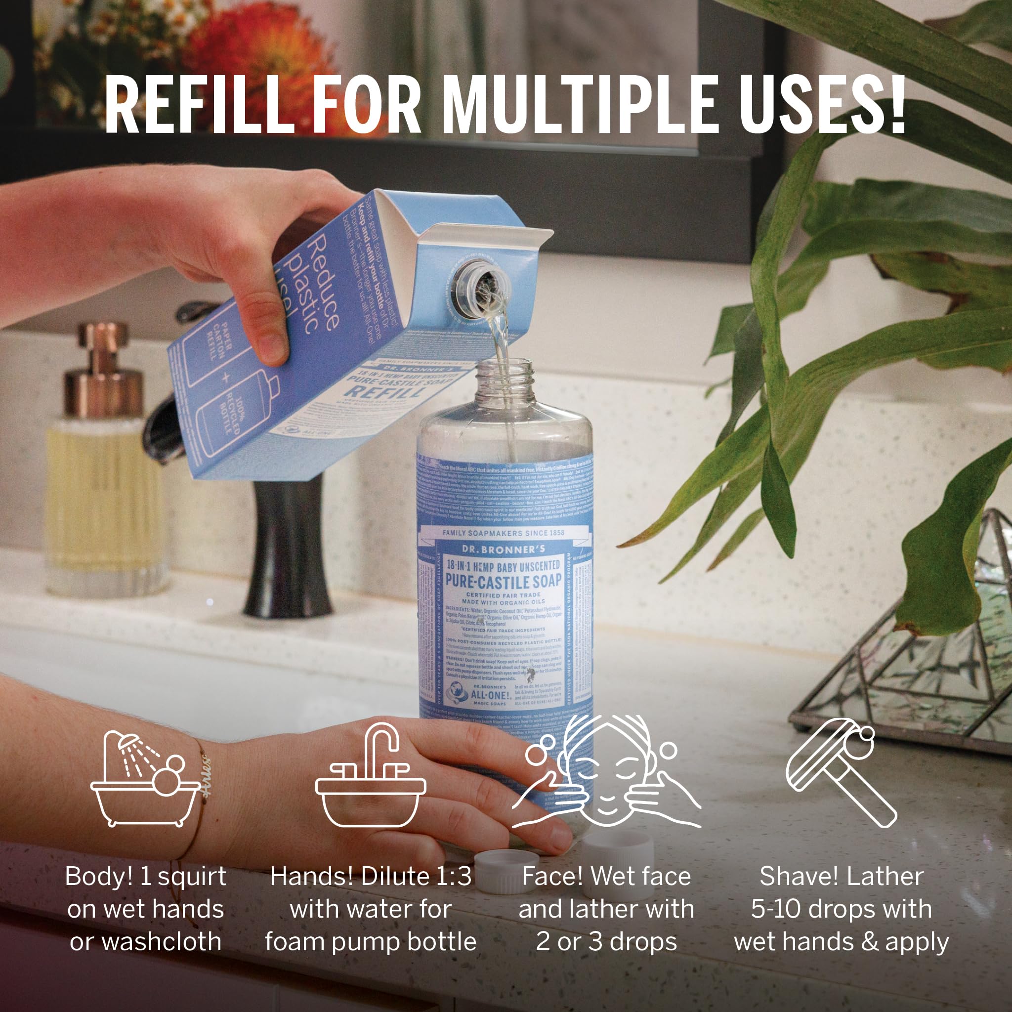 Dr. Bronner's Pure-Castile Liquid Soap Refill - Made with Regenerative Organic Certified Oils, 82% Less Plastic - 18-in-1 Uses, For Face, Body Wash, Hand Soap Refill & More - Baby Unscented, 32oz