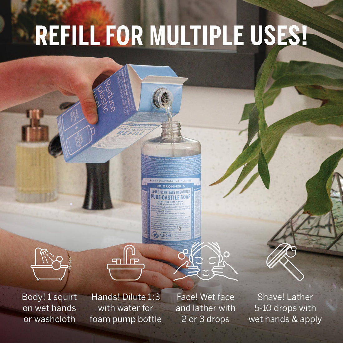 Dr. Bronner's Pure-Castile Liquid Soap Refill - Made with Regenerative Organic Certified Oils, 82% Less Plastic - 18-in-1 Uses, For Face, Body Wash, Hand Soap Refill & More - Baby Unscented, 32oz