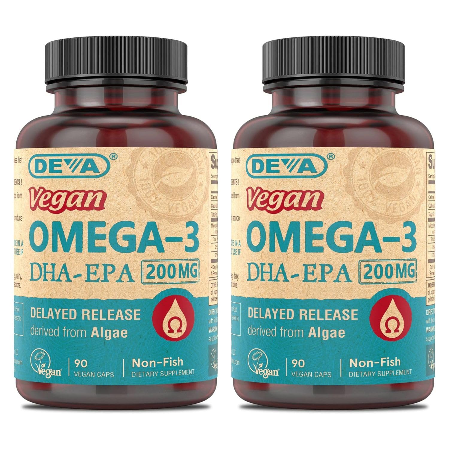DEVA Vegan Omega-3 DHA-EPA, from Micro Algae, Delayed Release, 90 Vegan Capsules (Pack of 2)