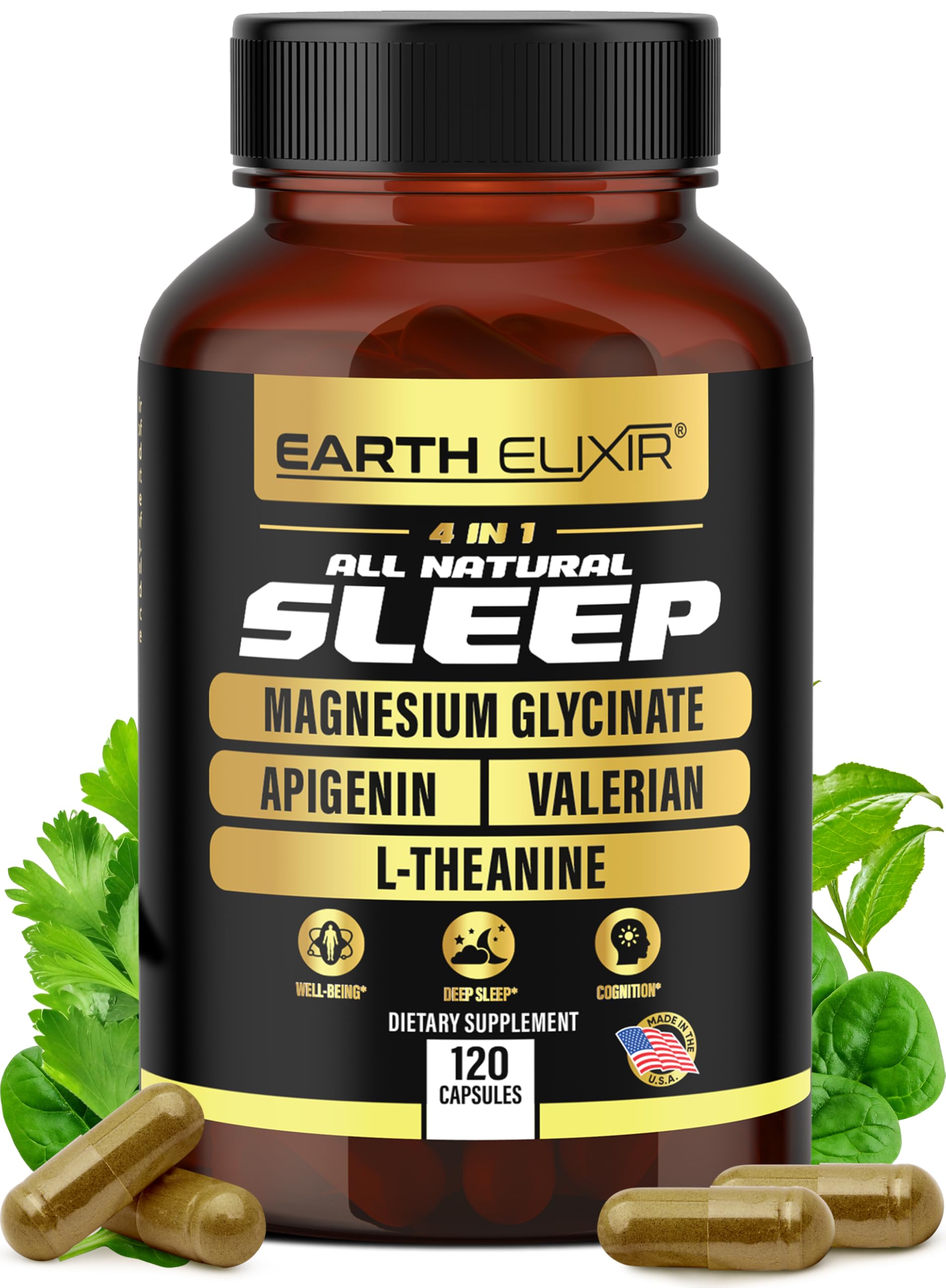 Earth Elixir 4-in-1 Sleep Aid (120 Caps) w/Apigenin 50mg, Magnesium Glycinate 200mg, L Theanine 200mg & Valerian Root for Sleep Aid 300mg | Apigenin Supplement for Sleep | Sleeping Pills