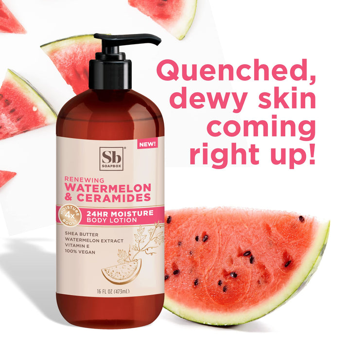 Soapbox Body Lotion, Watermelon & Ceramides Body Lotion for Dry Skin, Plump and Hydrate with Ceramides, Moisturizer for Women, Men, Vegan & Cruelty Free Skin Care, 3 Pack, 16 oz each