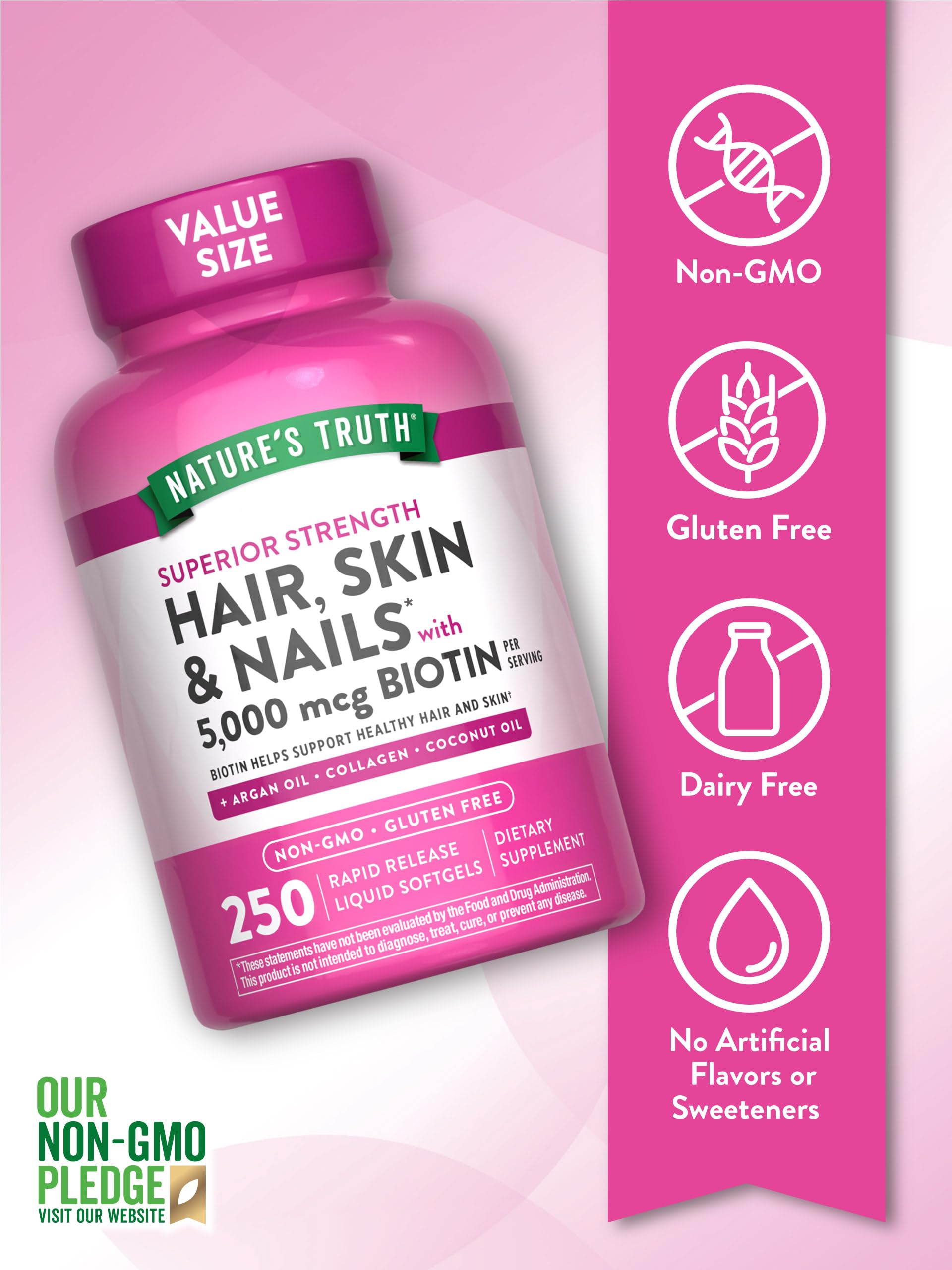 Nature's Truth Hair, Skin & Nails Vitamins | 5000mcg | 250 Softgels | Includes Collagen, Biotin and Coconut Oil | Non-GMO & Gluten Free Supplement for Women and Men