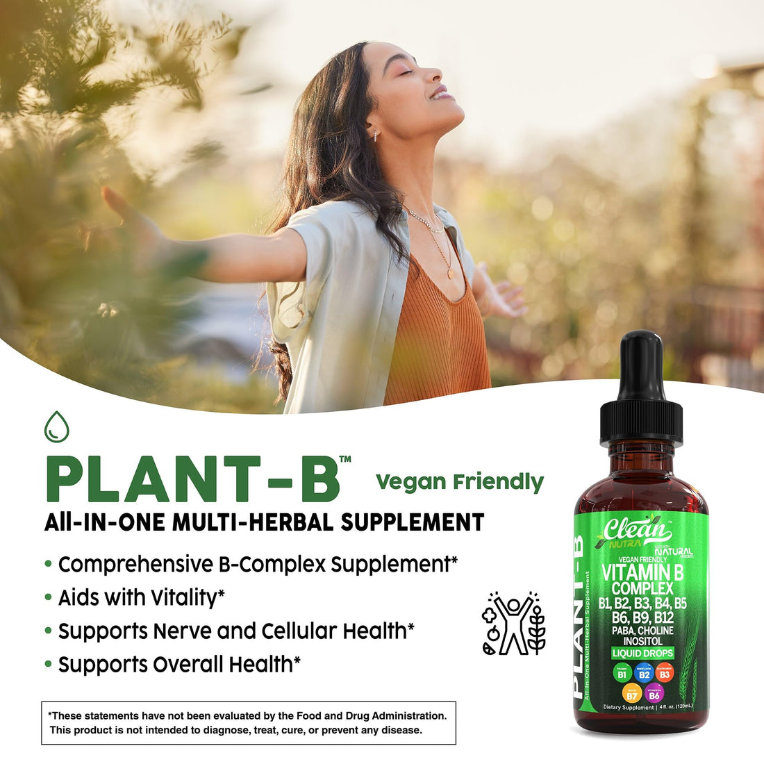 Vitamin B Complex Liquid Drops | Thiamine B1, B6, B2, B3, B4, B5, B7 B9, B12, Niacinamide, Paba, Choline Inositol Taurine Probiotics Beet Root Spirulina - Plant-B Vitamin Supplements by Clean Nutra