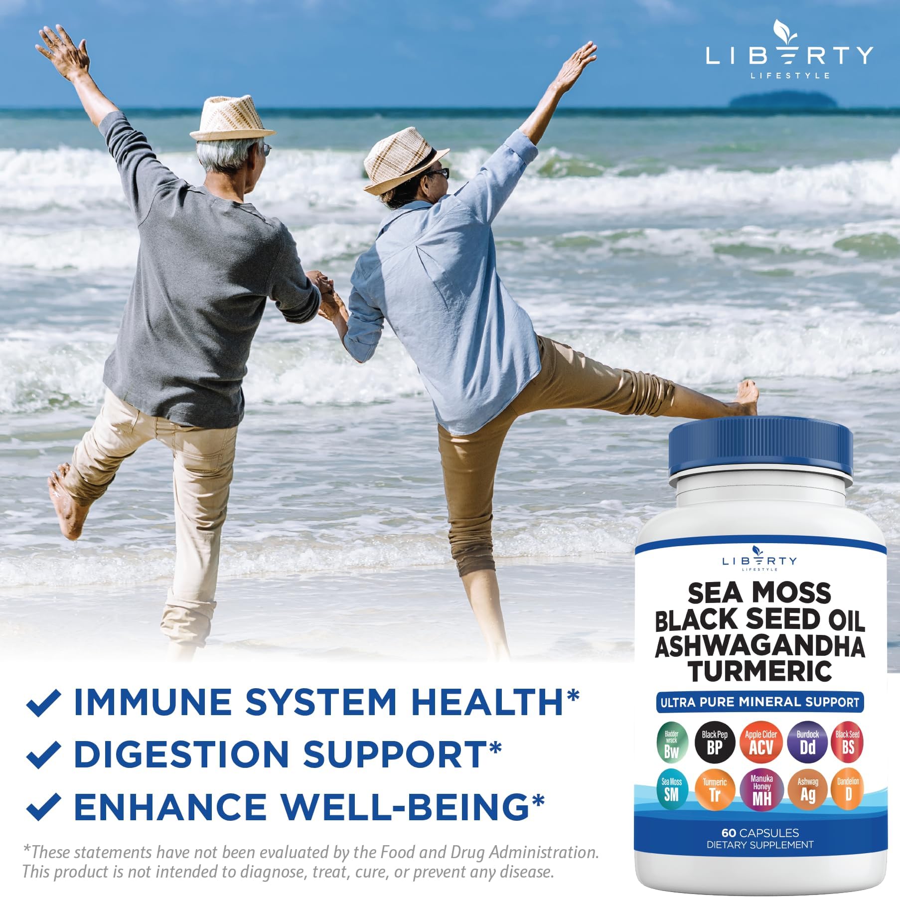 Liberty Lifestyle Sea Moss Black Seed Oil Ashwagandha Turmeric Bladderwrack Burdock - with Manuka, Honey Dandelion, ACV Black Pepper Gluten Free - 2-Pack