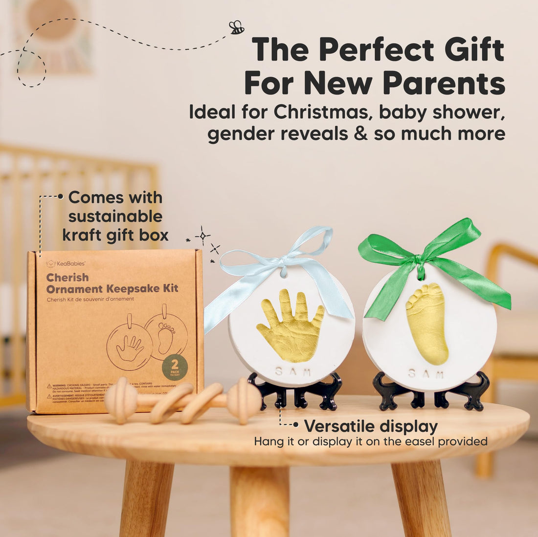 Baby Hand and Footprint Kit Girls, Boys - Personalized Baby Footprint Ornament Kit, Newborn Keepsake Gifts for New Mom, Easy to Use Handprint Makers, Cute Shower Gifts (Gold Paint, Cherish)