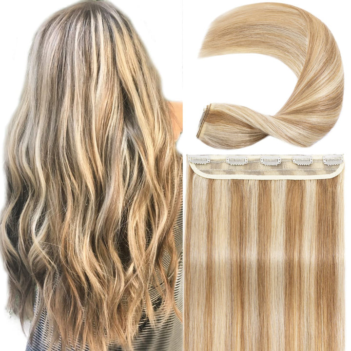 Clip in hair extensions human hair one piece human hair extensions 5 clips 100% Remy Human Hair Straight Light Golden Brown/Bleach Blonde 22(55cm) - 55g