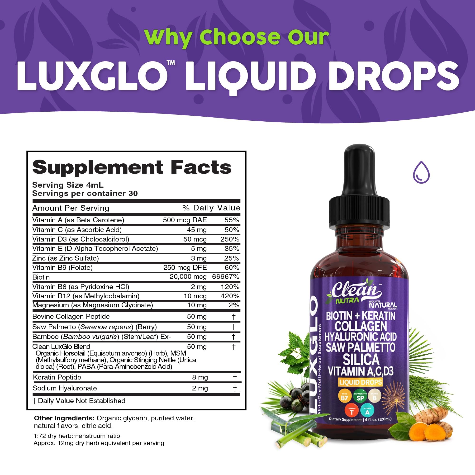 Biotin Liquid Drops Collagen Keratin Hyaluronic Acid Saw Palmetto for Hair Skin and Nails Silica Vitamin A C Vitamin D Bamboo Turmeric Zinc Folate Magnesium Horsetail LuxGlo by Clean Nutra
