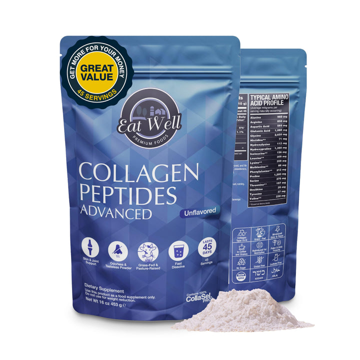 EAT WELL PREMIUM FOODS Collagen Peptides Powder Protein 45 Servings, 16oz, Collagen for Skin, Bone and Joint Support, Type I & III Grass Fed Collagen Supplements for Women and Men, Keto, Amino Acids