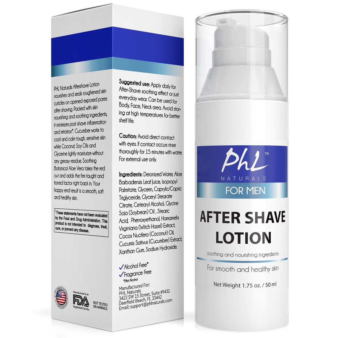 PhL Naturals Unscented Natural After Shave Lotion for Men - Soothes Irritation from Shaving, Moisturizes and Repairs Skin, Prevents Razor Burn, Leaves Skin Feeling Smooth and Soft 1.75 oz