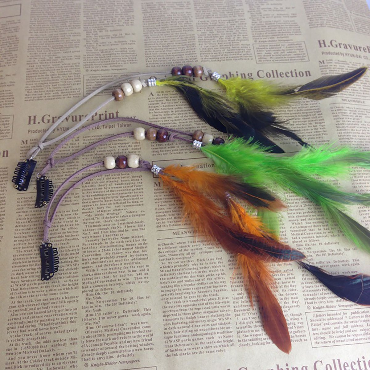 Set of 6 Handmade Boho Hippie Hair Extensions with Feather Clip Comb Hairpin Headdress DIY Accessories for Women Lady Girls