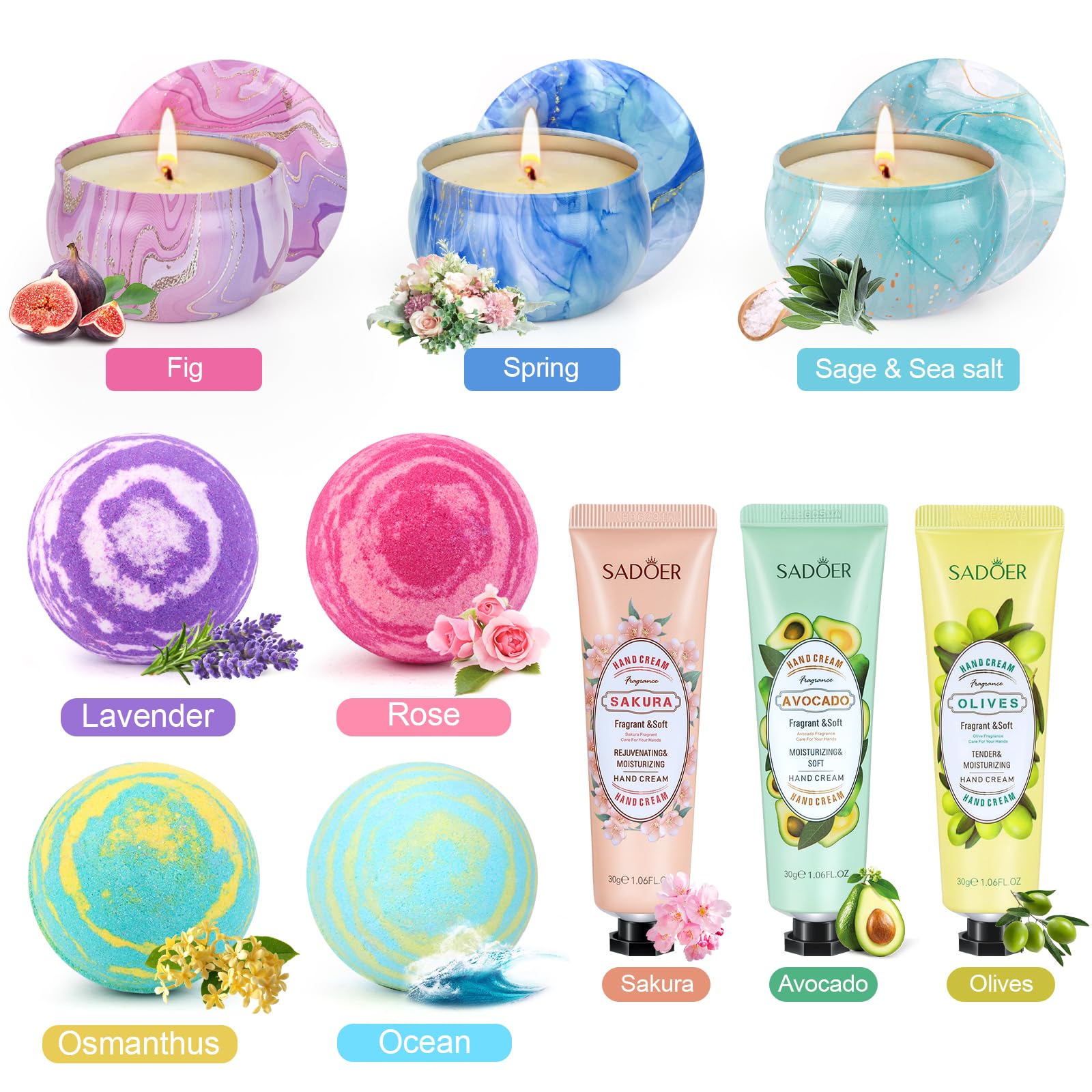 Bath Bombs for Women Gift Set - 4 Large Bath Bombs + 3 Scented Candles + 3 Hand Lotions, Handmade Moisturizing SPA Gift Baskets Fizzy Bath Bomb, Ideal Gift for Valentine's Day, Mother's Day, Birthday