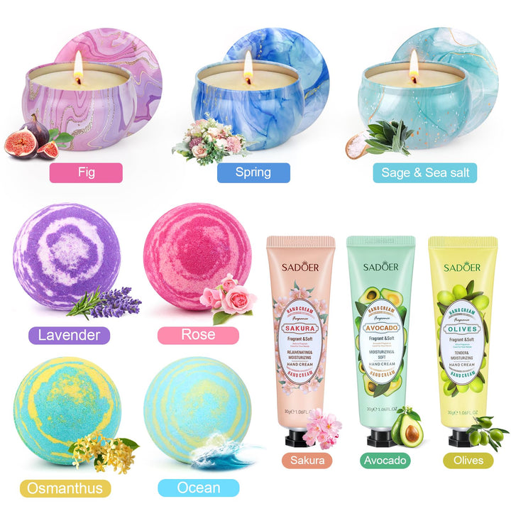 Bath Bombs for Women Gift Set - 4 Large Bath Bombs + 3 Scented Candles + 3 Hand Lotions, Handmade Moisturizing SPA Gift Baskets Fizzy Bath Bomb, Ideal Gift for Valentine's Day, Mother's Day, Birthday