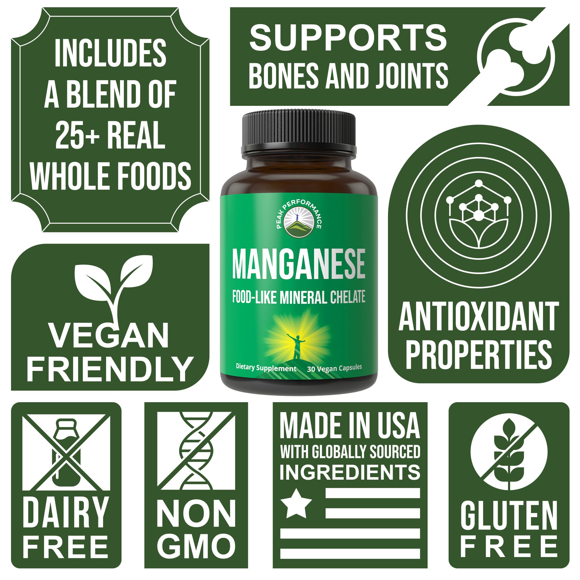 Manganese Supplement Food Like Mineral Chelated For Superior Absorption With Whole Food Blend Of 25+ Fruits & Vegetables. Pure Trace Mineral Capsules For Connective Tissue, Bone Health, Enzyme Support