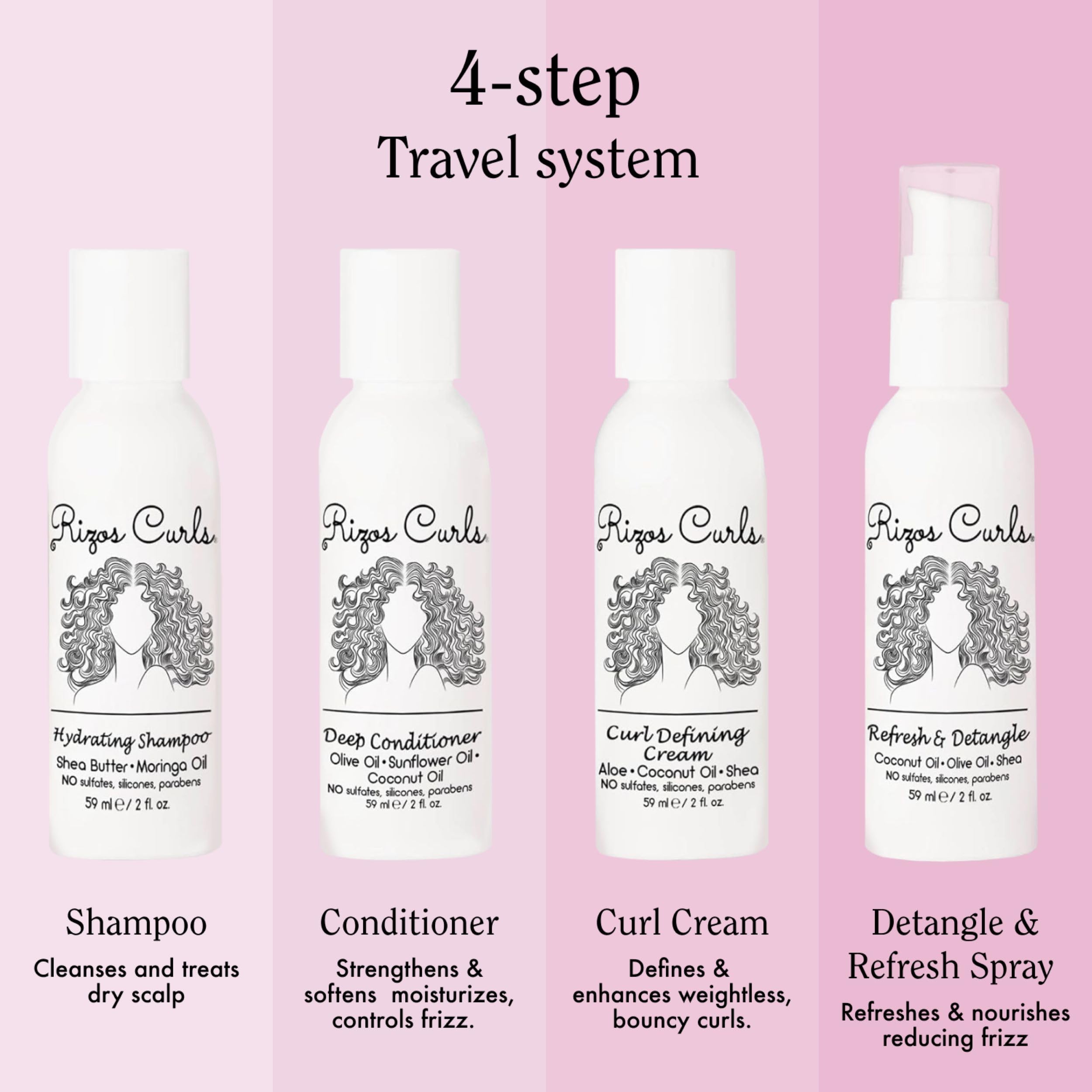 Rizos Curls 4-Step Travel Kit for Curly Hair: Curl Defining Cream, Shampoo, Conditioner, Refresh & Detangle (2 fl oz each)