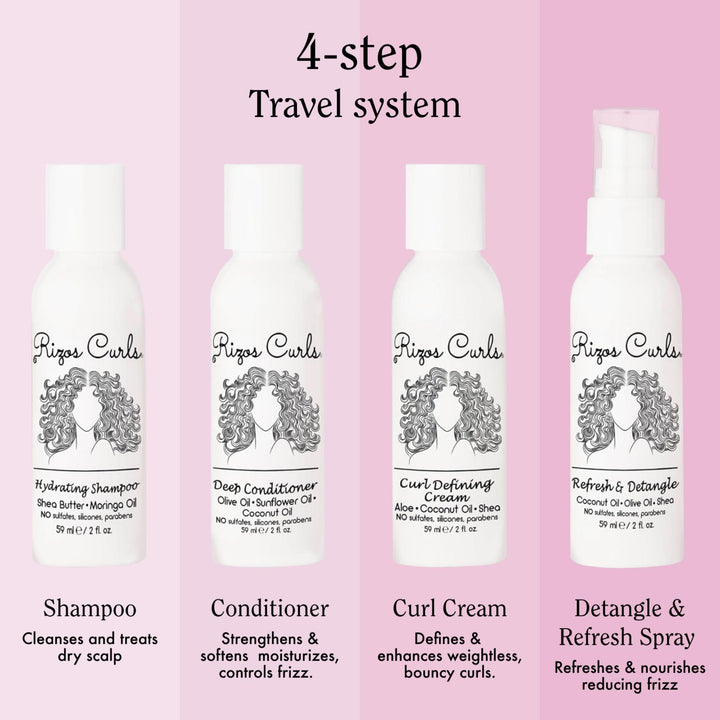 Rizos Curls 4-Step Travel Kit for Curly Hair: Curl Defining Cream, Shampoo, Conditioner, Refresh & Detangle (2 fl oz each)