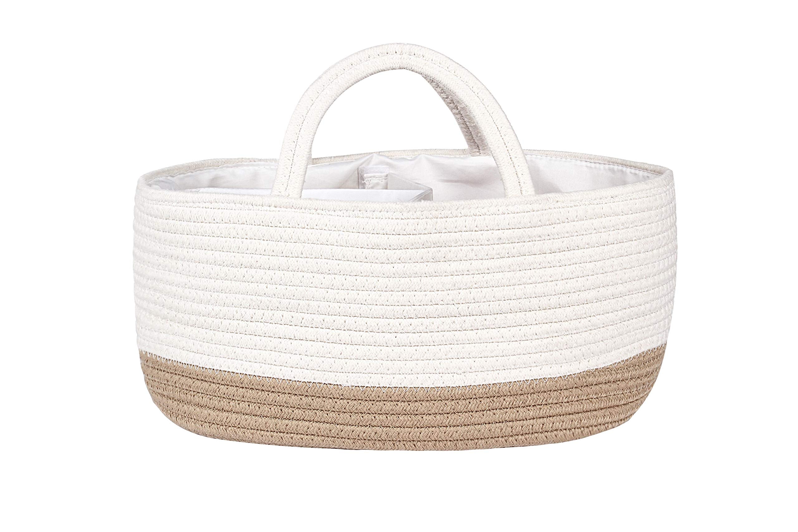 Mila Millie Baby Large Cotton Rope Diaper Caddy,Organizer Storage Bin for Nursery Essentials,100% Natural Cotton,Eco friendly (White & Biege) 15.5x10x7 Inch (Pack of 1)