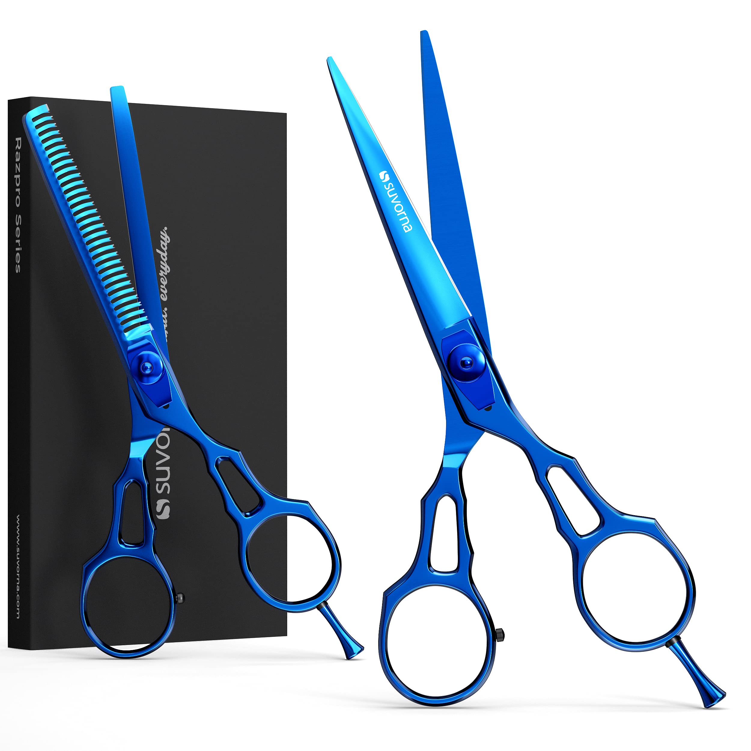 Suvorna Professional Barber Blue Titanium Razor Edge Hair Cutting and Texturizing Scissors Set Razpro P55, Blue, 16 Ounce