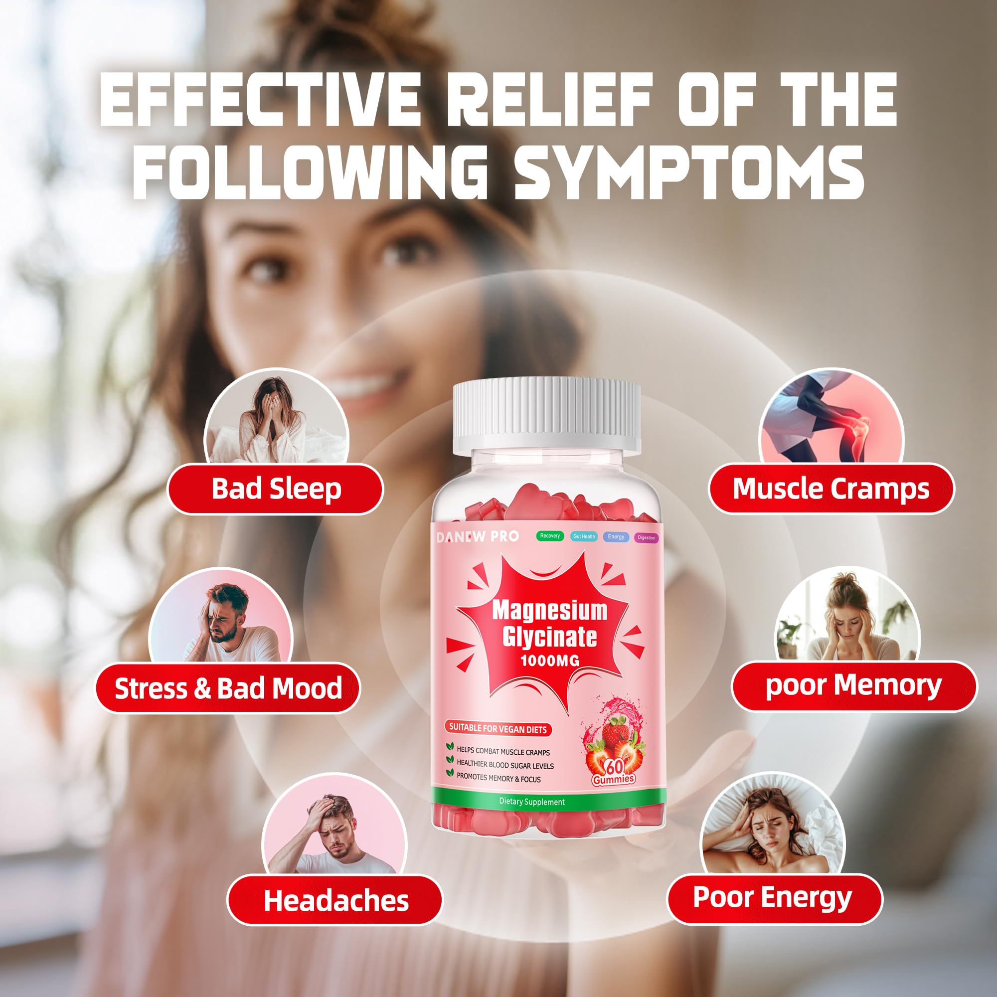 Magnesium Glycinate Gummies 1000mg - Sugar Free Magnesium Potassium Supplement with Vitamin D, B6, CoQ10 for Calm Mood & Sleep Support - 120 Strawberry Gummies