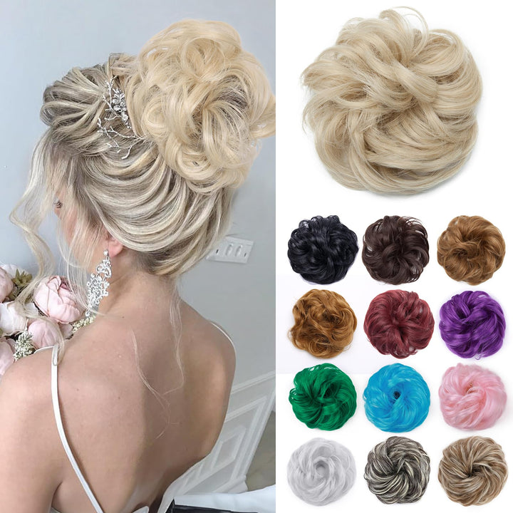 Benehair Hair Bun Hairpiece Scrunchy Updo Hair Pieces Fluffy Scrunchies Donut Top Knot Hairpiece Synthetic Curly Wavy Messy Chignons with Elastic Rubber Band Hickory Brown-Thicker 1pc 35g