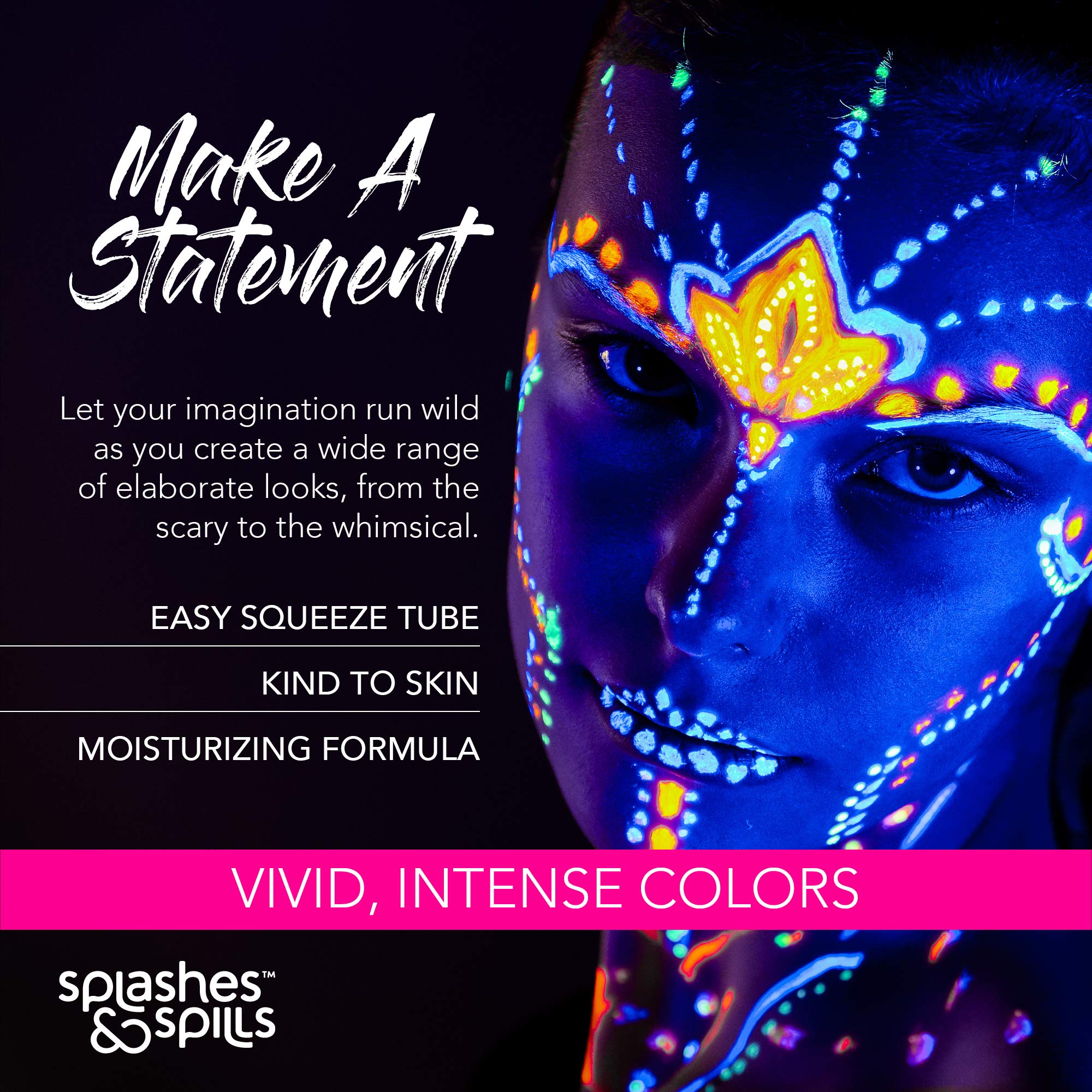 UV Glow Blacklight Face and Body Paint - 6 Color Variety Pack - 10ml - Day or Night Stage, Clubbing or Costume Makeup by Splashes & Spills