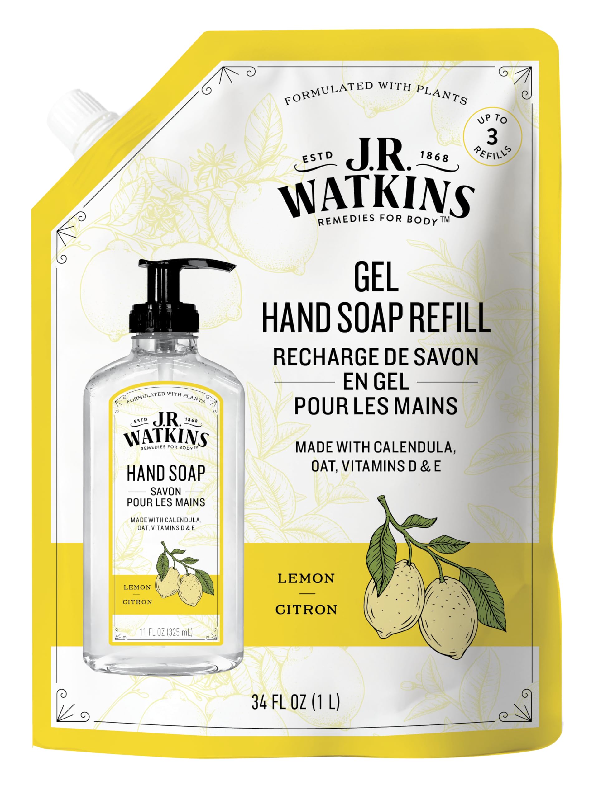 J.R. Watkins Lemon Liquid Hand Refill 34 Fl Oz, Pack Of 1