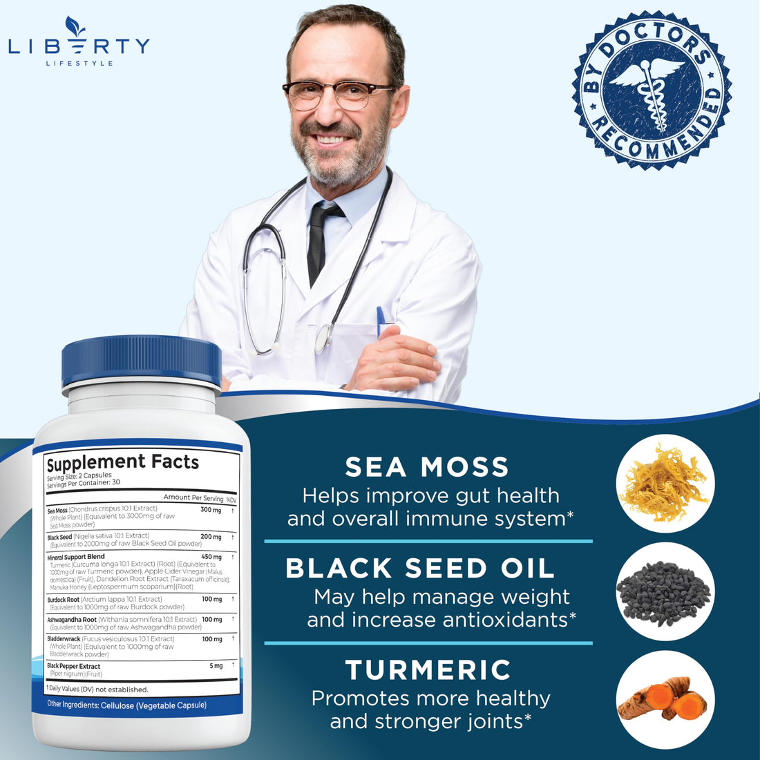 Liberty Lifestyle Sea Moss Black Seed Oil Ashwagandha Turmeric Bladderwrack Burdock - with Manuka, Honey Dandelion, ACV Black Pepper Gluten Free - 2-Pack