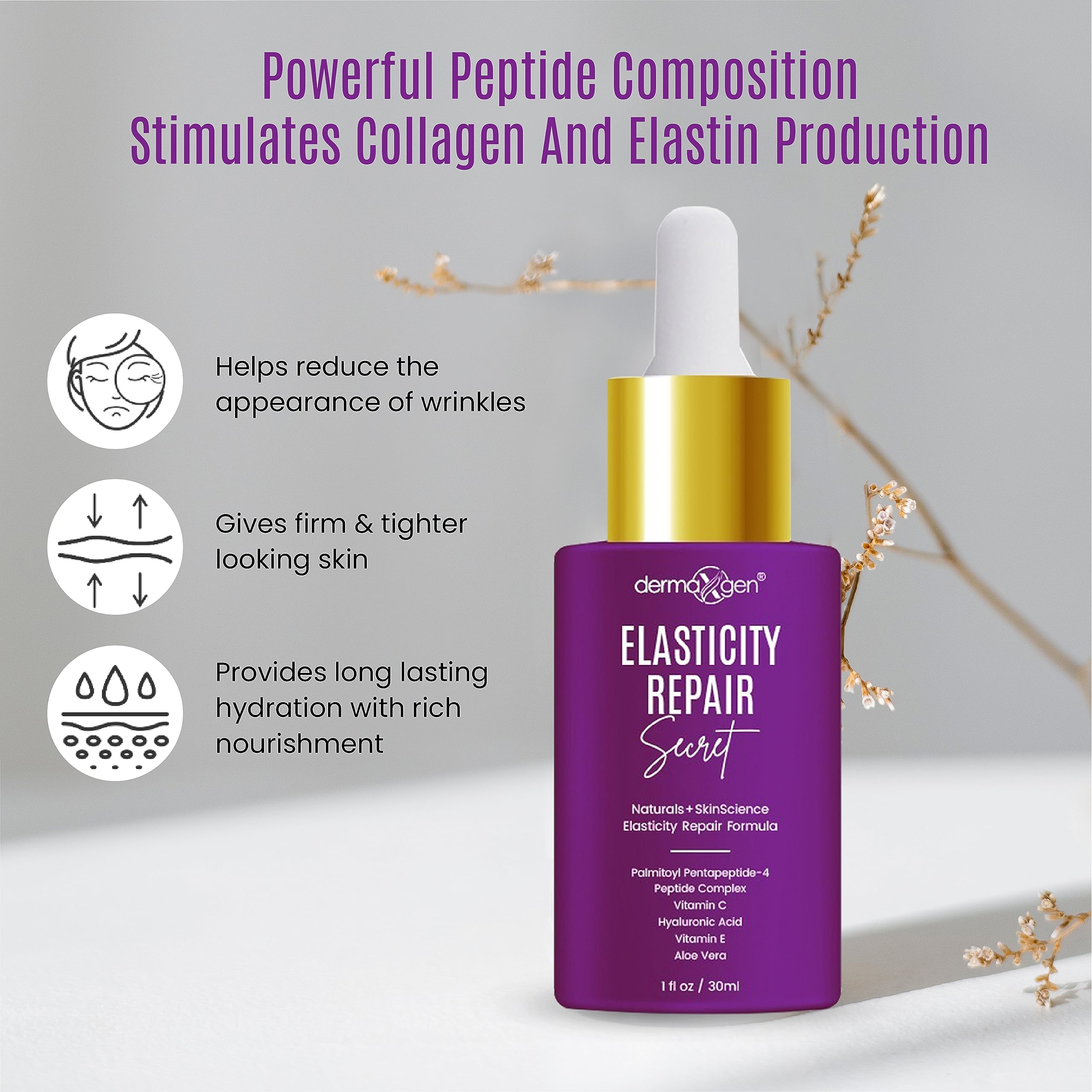 DERMAXGEN Elasticity Repair Serum, MATRIXYL 3000 - PURE ORGANIC Powerful Triple Combination Serum/Anti-Aging, Facial AGED Wrinkles Serum (1 FL OZ)