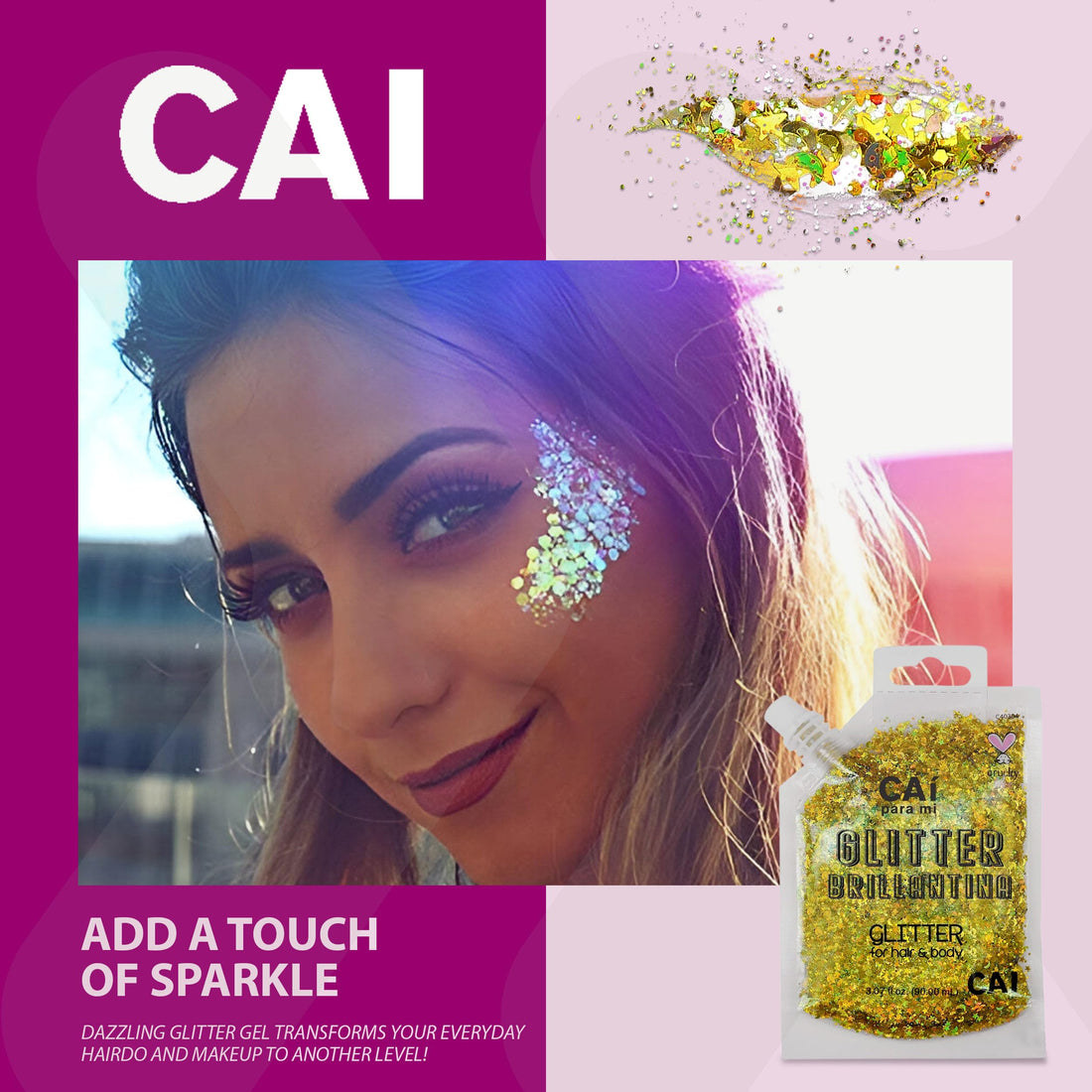 Body Glitter Gel- Face, Body & Hair (1 Pk Gold) Chunky Iridescent Holograph Stars & Moon, 3 oz | Cosmetic-Grade Makeup, Apply Without Glue, Easy to Take Off & Keep Skin Clean - for Concerts, Raves