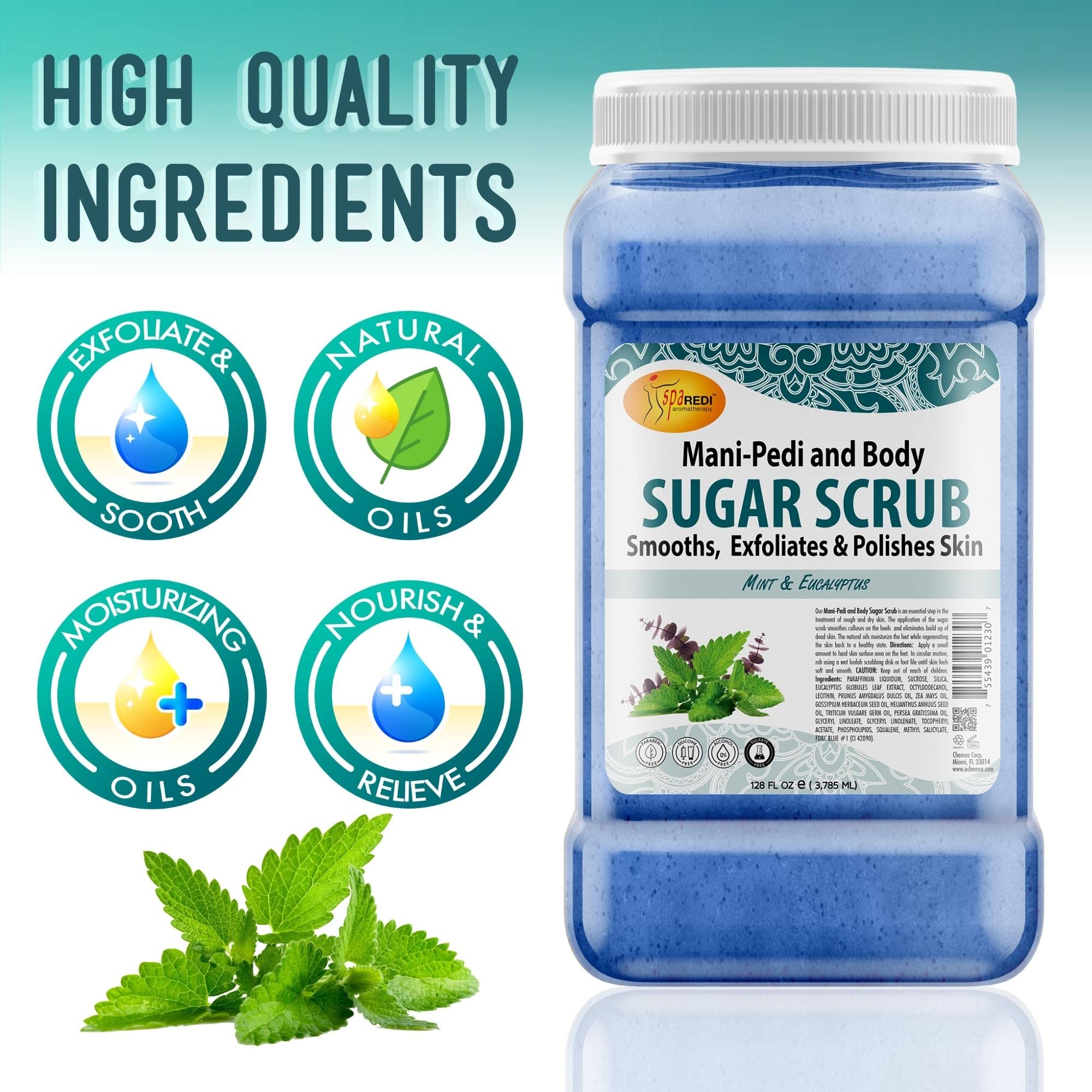 SPA REDI – Sugar Body Scrub, Mint and Eucalyptus, 128 Oz, Exfoliating, Moisturizing, Hydrating and Nourishing, Glow, Polish, Smooth and Fresh Skin - Body Exfoliator