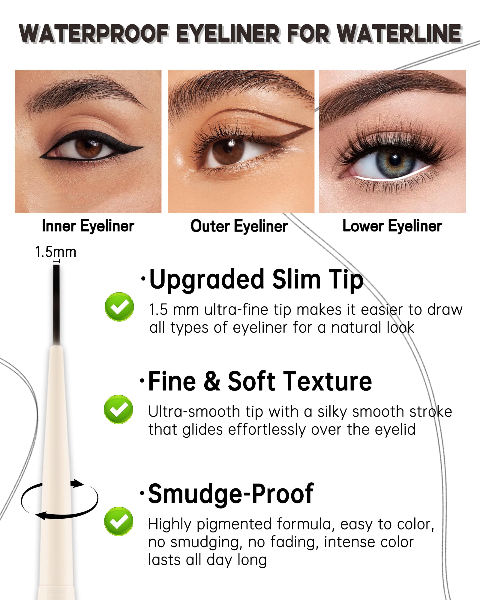 White Eyeliner for Waterline, Matte Gel Eyeliner Pencil Waterproof Smudge Proof, Ultra-Fine Tip, Cream Smooth Colored Eye Liner, Quick-Drying Long-Lasting, High Pigmented Eye Brightener Pen Makeup-05