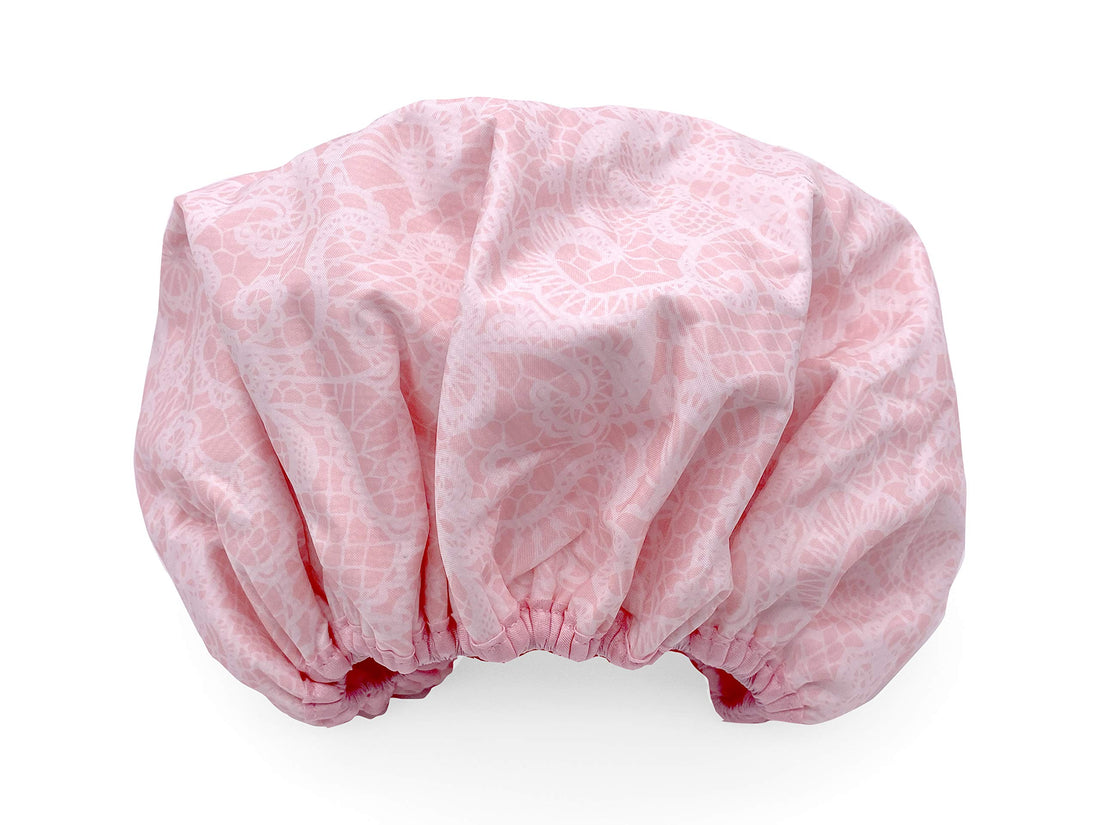 Betty Dain Socialite Collection Terry Lined Shower Cap, Waterproof Nylon Exterior, Reversible Design for Shower or Sleeping Cap, Oversized for All Hair Lengths, Elasticized Hem, Pretty In Pink Lace