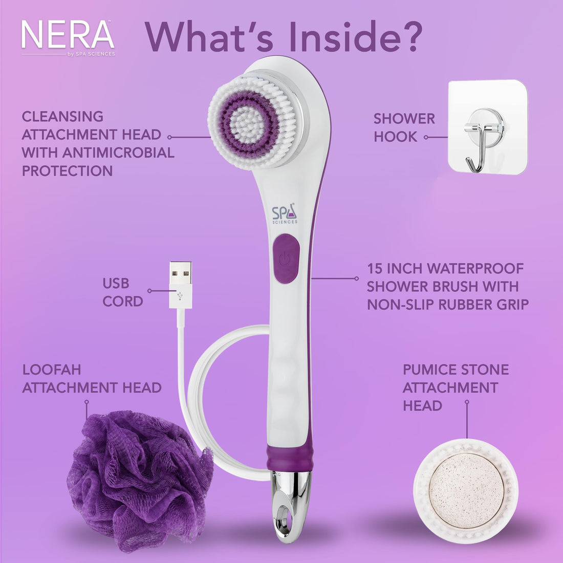 Spa Sciences - NERA Powered Shower Brush - 3-in-1 Multifunction Back & Body Brush - Exfoliation, Cleansing, Massaging - For All Skin Types - Includes Body Brush, Loofah, & Pumice Stone - USB Charging