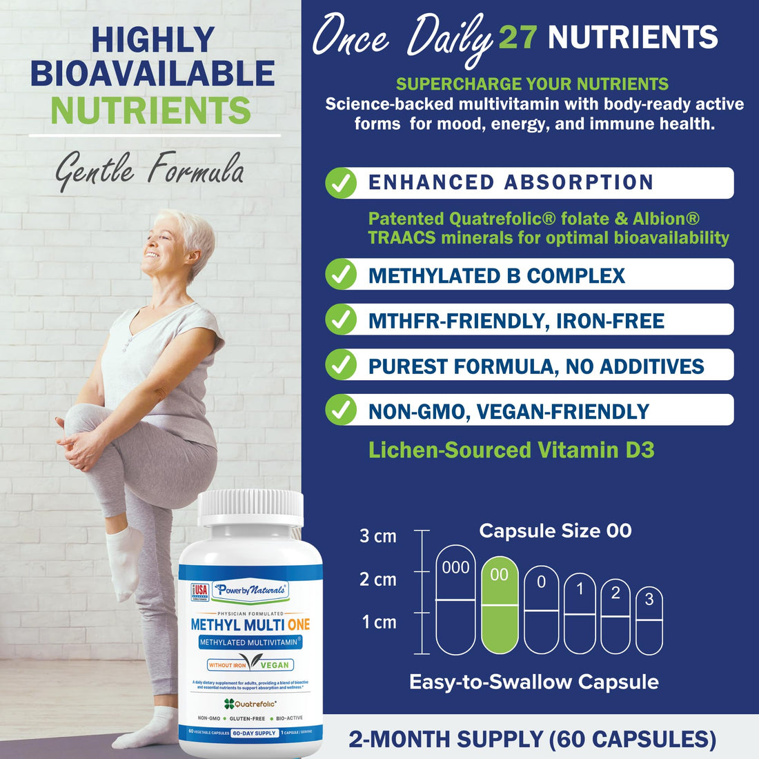 Power By Naturals Methyl Multi One - Iron-Free Methylated Multivitamin with Quatrefolic 5-MTHF, Active B12, P5P, CoQ10 & Zinc for MTHFR Support - Energy & Focus Formula - 60 Capsules (2-Month Supply)