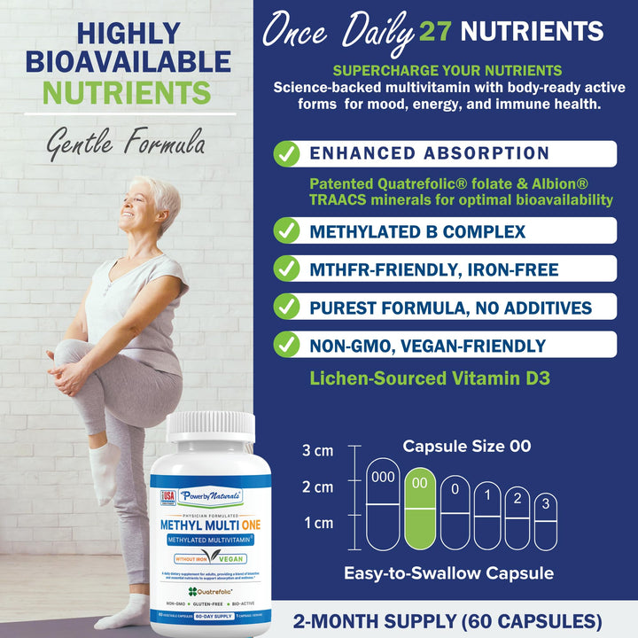 Power By Naturals Methyl Multi One - Iron-Free Methylated Multivitamin with Quatrefolic 5-MTHF, Active B12, P5P, CoQ10 & Zinc for MTHFR Support - Energy & Focus Formula - 60 Capsules (2-Month Supply)