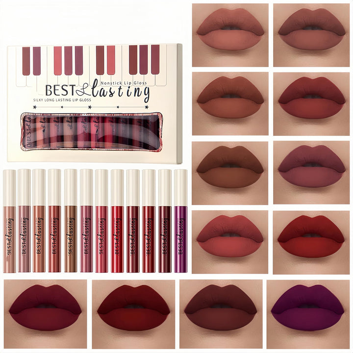 Melemando 12PCS Matte Liquid Lipstick Set Non-Stick Cup and Not Fade Pigmented Lipstick Long-Lasting Waterproof Velvet Lipgloss Kit Makeup for Girls and Women (Set 01)