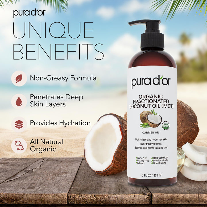 PURA Dâ€™OR Carrier Oil: Organic Fractionated Coconut Oil 16 oz - USDA Certified Organic 100% Pure & Natural Moisturizing Carrier Oil For Face, Skin, and Hair