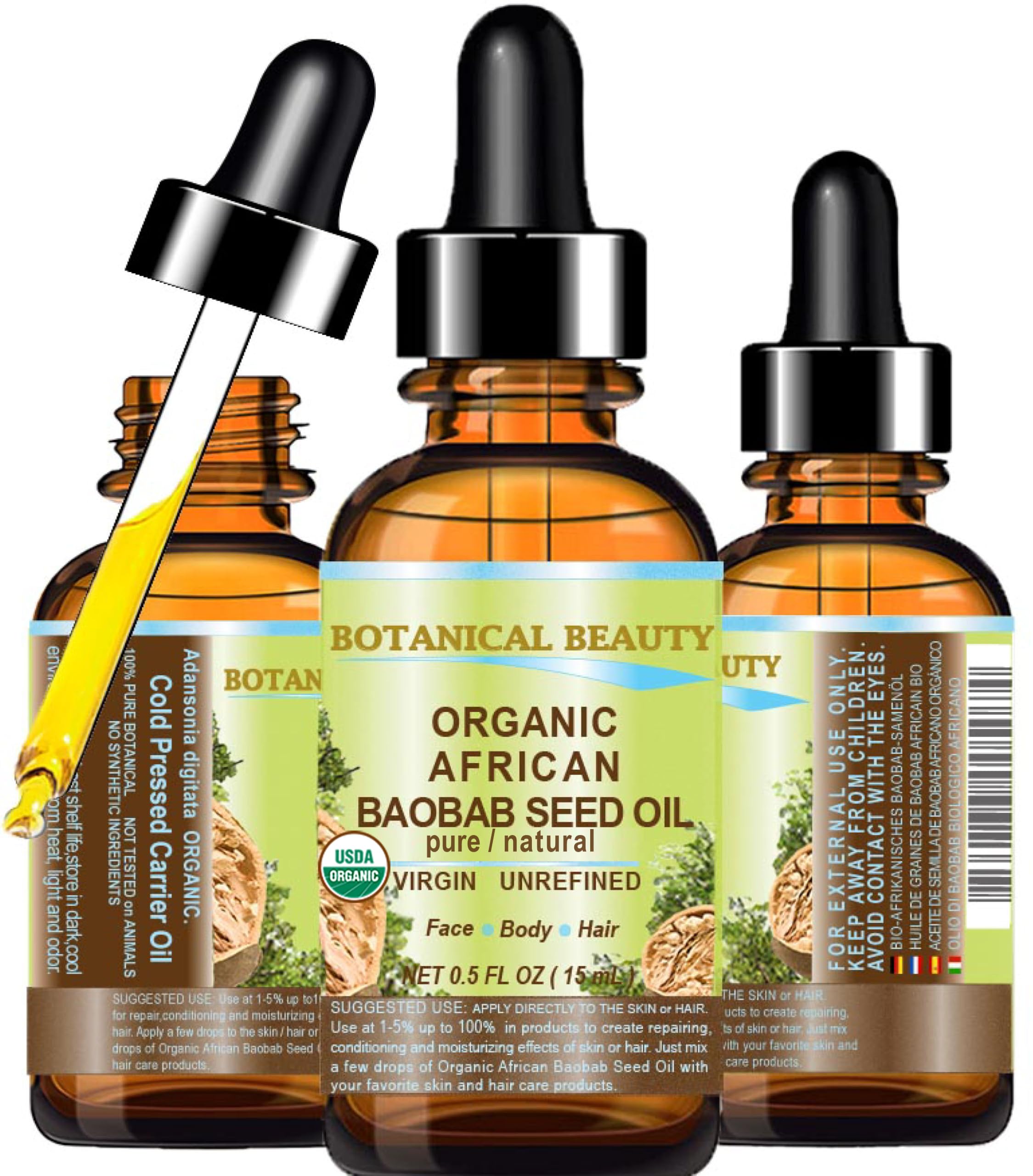Botanical Beauty Organic BAOBAB SEED OIL 100% Pure Natural Refined Cold-pressed Carrier Oil 0.5 Fl oz 15 ml For Face, Skin, Body, Hair, Lip, Nails. Rich in vitamin C, Vitamin E
