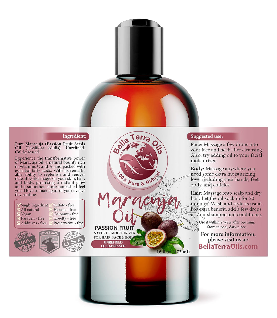 NEW Maracuja Oil (Passion Fruit). 16oz. Cold-pressed. Unrefined. Organic. 100% Pure. Non-GMO. Hexane-free. Fights Wrinkles. Softens Hair. Natural Moisturizer. For Hair, Skin, Beard, Stretch Marks.