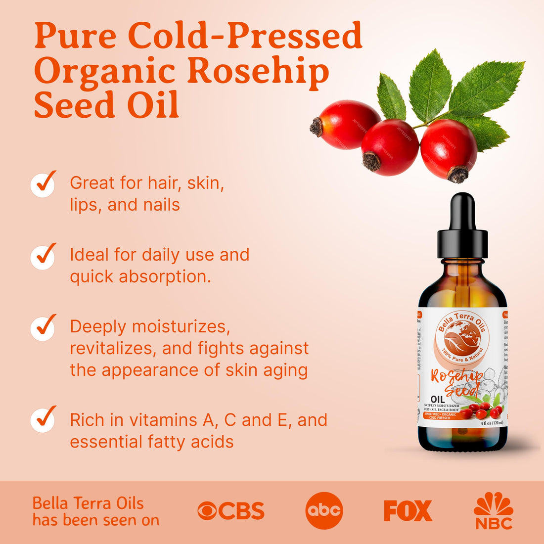 Bella Terra Oils Organic Rosehip Oil for Face, Pure Cold-Pressed Rose Hip Seed Oil for Skin & Hair, Natural Moisturizer & Anti-Aging Facial Oil