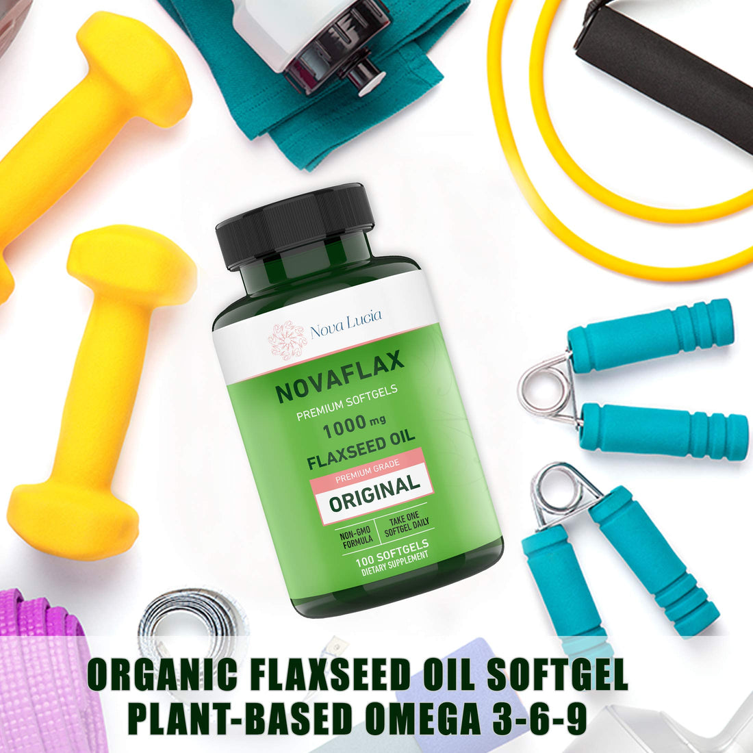 Natural Organic Flaxseed Oil 1,000 mg, Essential Omega 3 6 9 Natural ALA Healthy Hair Skin and Nails Gluten Free, Non-GMO, Hexane Free 100 Liquid Softgels