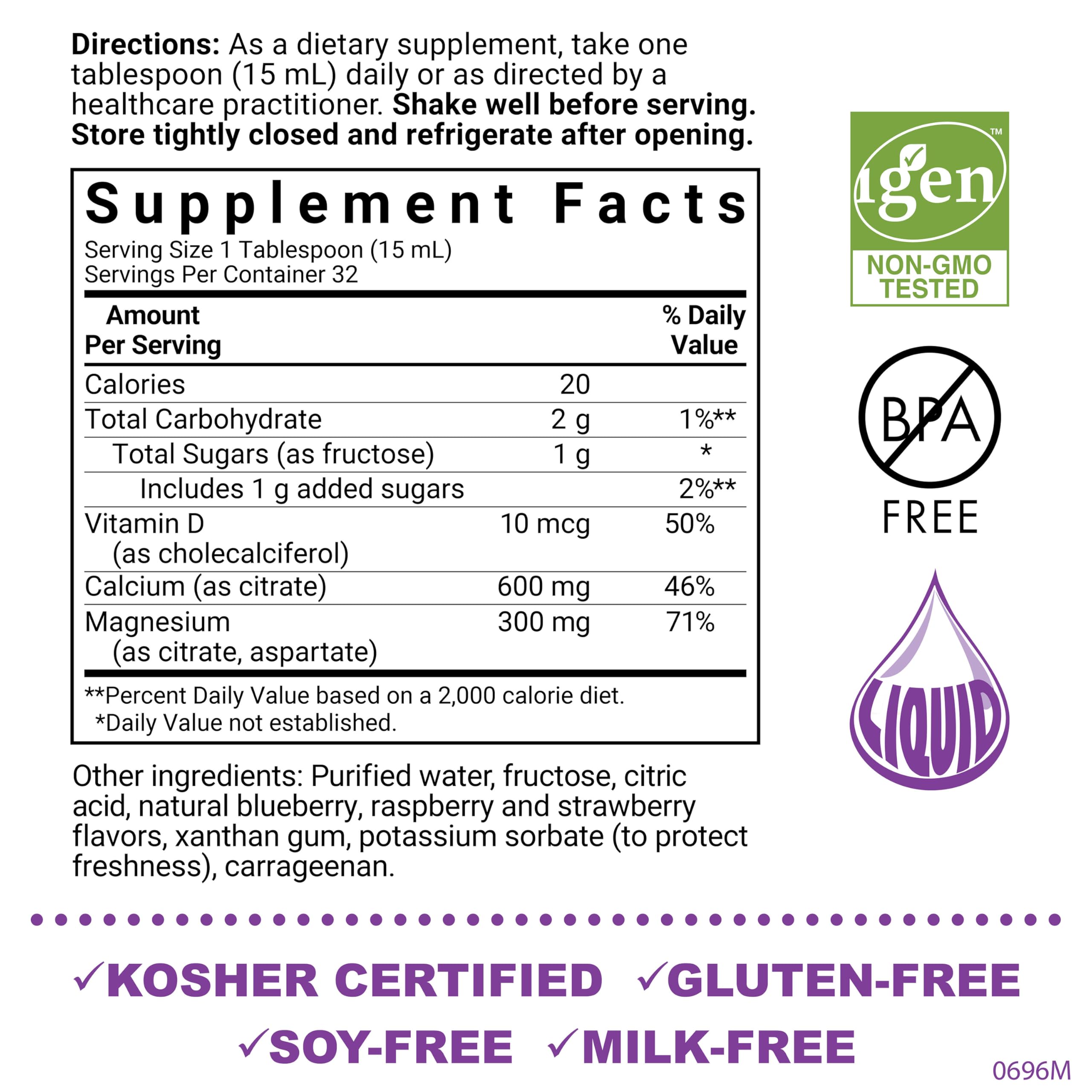 Bluebonnet Nutrition Liquid Calcium Citrate, Magnesium, Vitamin D3, Bone Health, Gluten Free, Soy Free, Milk Free, Kosher, 16 fl oz, 32 Servings, Mixed Berry Flavor