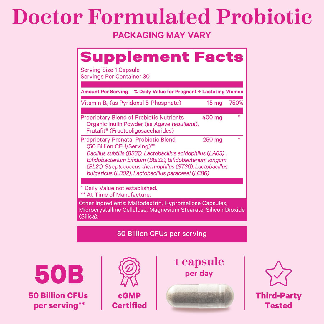 Pink Stork Prenatal Probiotics for Women with Vitamin B6 and Prebiotics - Morning Sickness, Gut Microbiome, and Immune Support - Pregnancy Probiotic - Pregnancy Must Haves, 30 Capsules