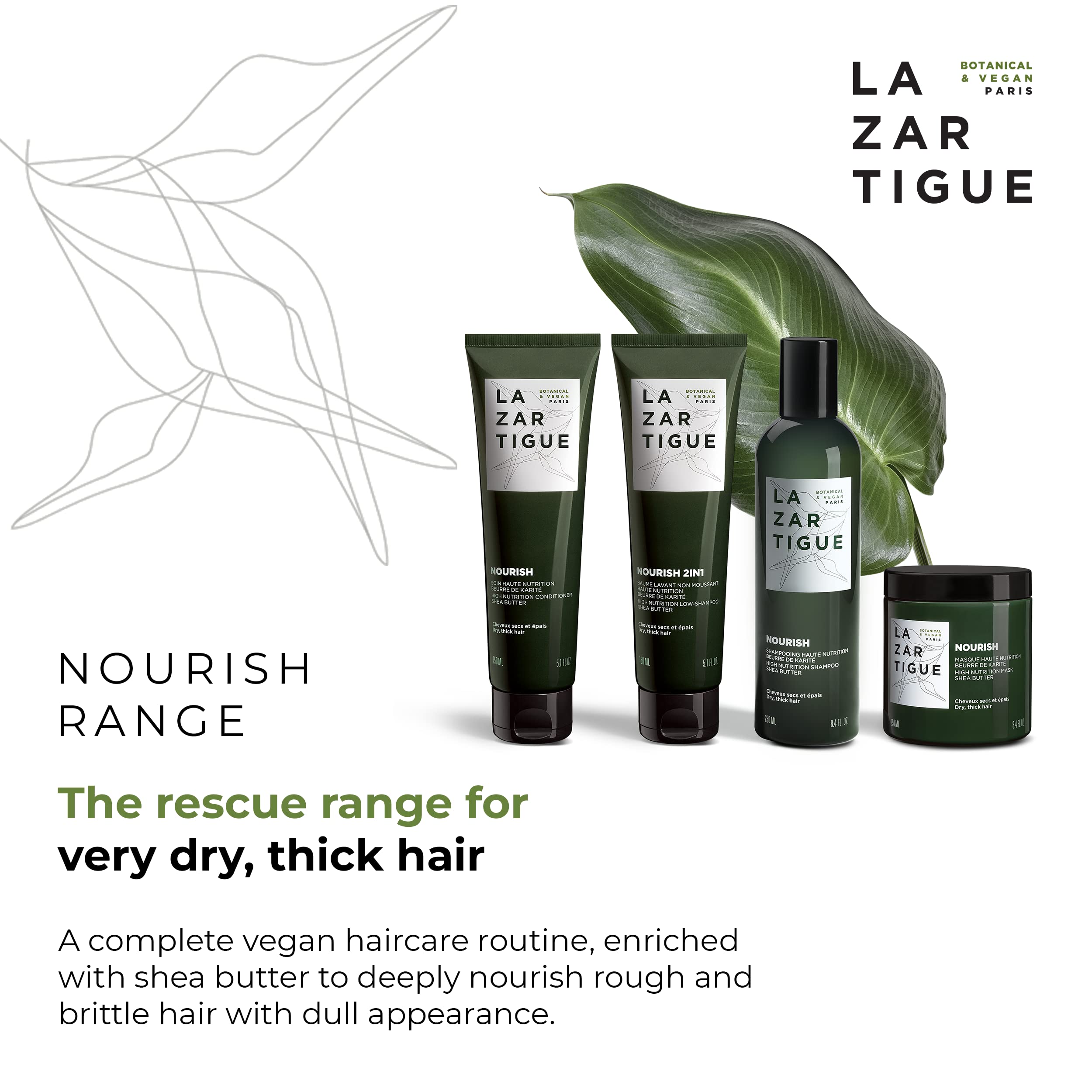 Lazartigue Nourish Conditioner, Enriched with Shea Butter, Intensely Nourishes & Softens Dry Hair, Easier to Detangle, Lastingly Disciplined, Shiny, Vegan 5.1 fl Oz