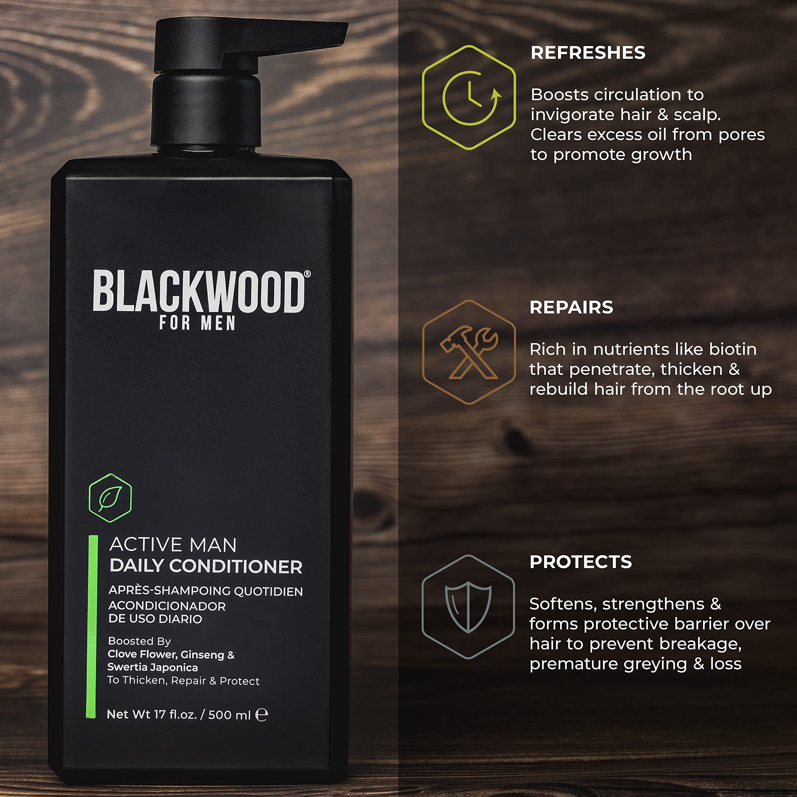 BLACKWOOD FOR MEN Active Man Daily Conditioner - Men's Thickening Conditioner for Hair Loss & Dandruff - Deep Treatment for Shine - Natural Vegan Formula - Sulfate, Paraben, & Cruelty-Free (17 Oz)