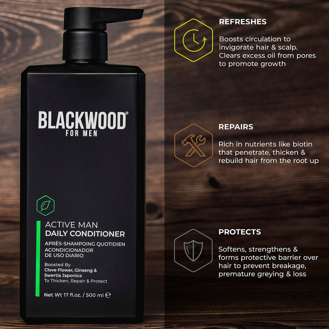 BLACKWOOD FOR MEN Active Man Daily Conditioner - Men's Thickening Conditioner for Hair Loss & Dandruff - Deep Treatment for Shine - Natural Vegan Formula - Sulfate, Paraben, & Cruelty-Free (17 Oz)