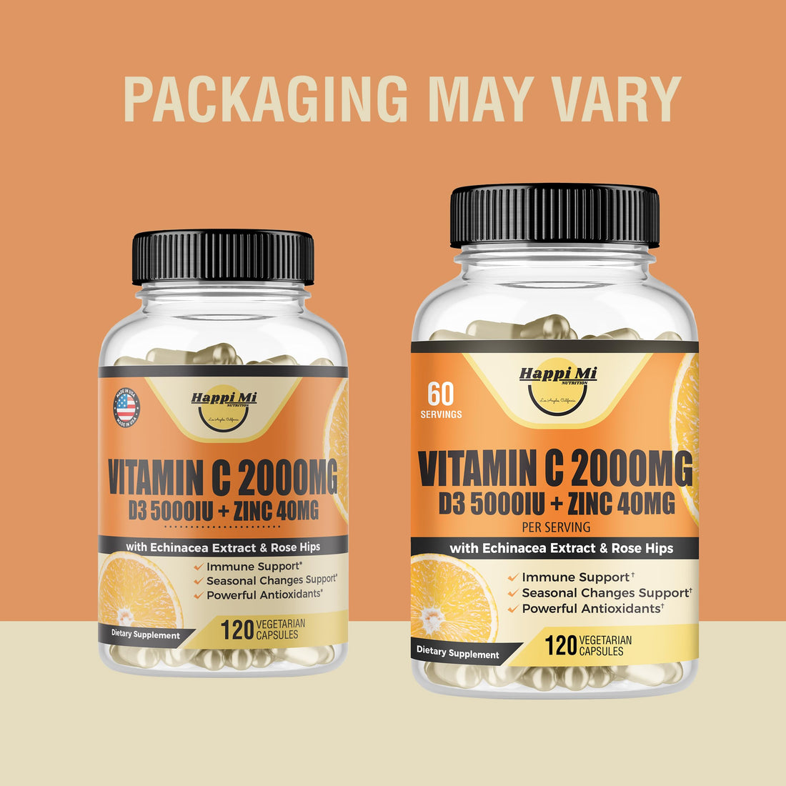 Happi Mi Nutrition Vitamin C 2000MG, Zinc 40 mg, Vitamin D3 5000 IU, Echinacea Extract, Rose Hip, Immune Support for Adults & Kids, Immune Booster,120 Vegan Caps, 60 Day Supply, Non GMO, No Filler