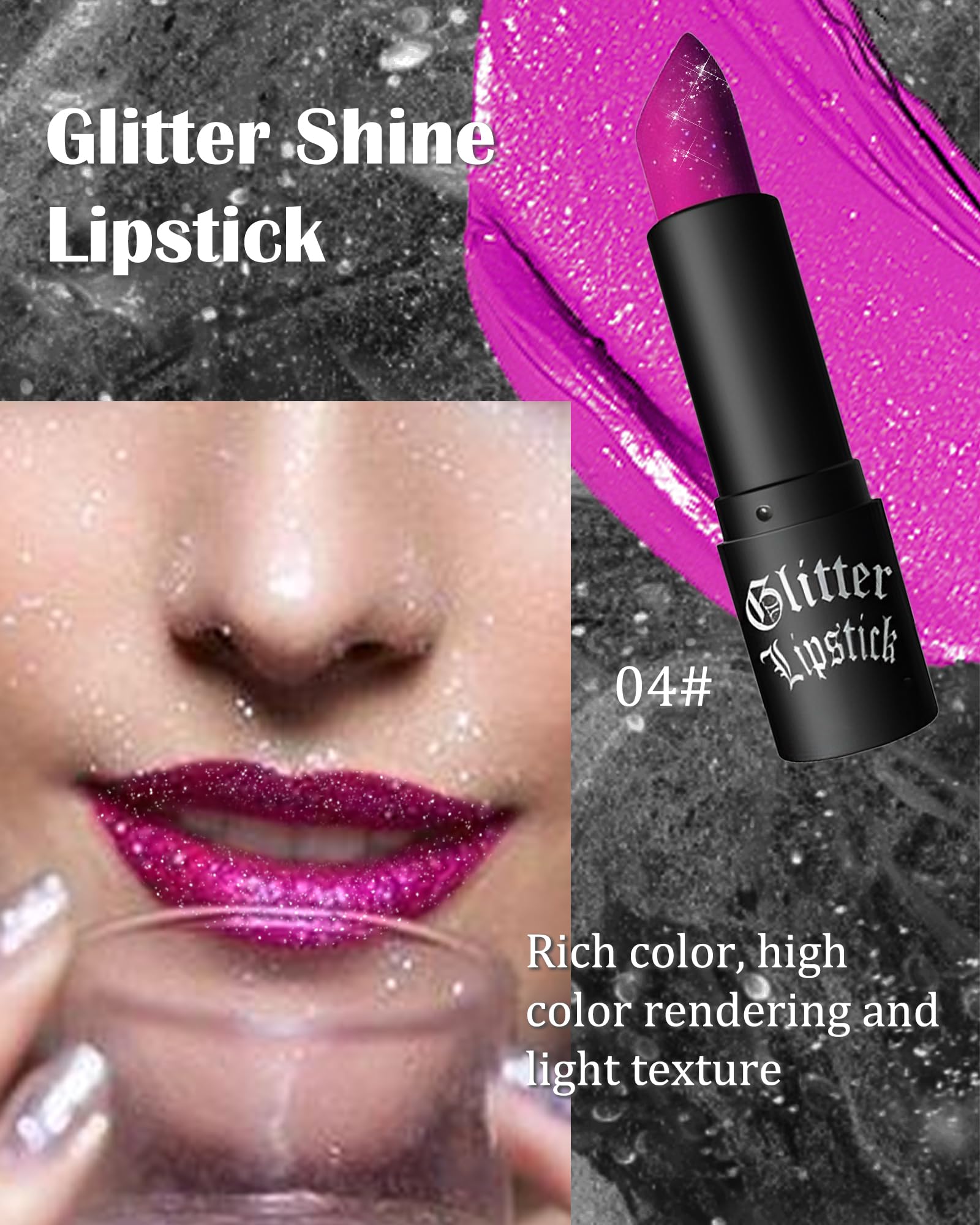 Diamond Glitter Matte Lipstick,Rose Red Tinted Lip Gloss,Metallic High Pigment Lip Stain Lipstain,Longlasting Waterproof Non-Stick Lipgloss Lipstick,Shimmer Lip Blam Tint,Makeup Gift for Women-04